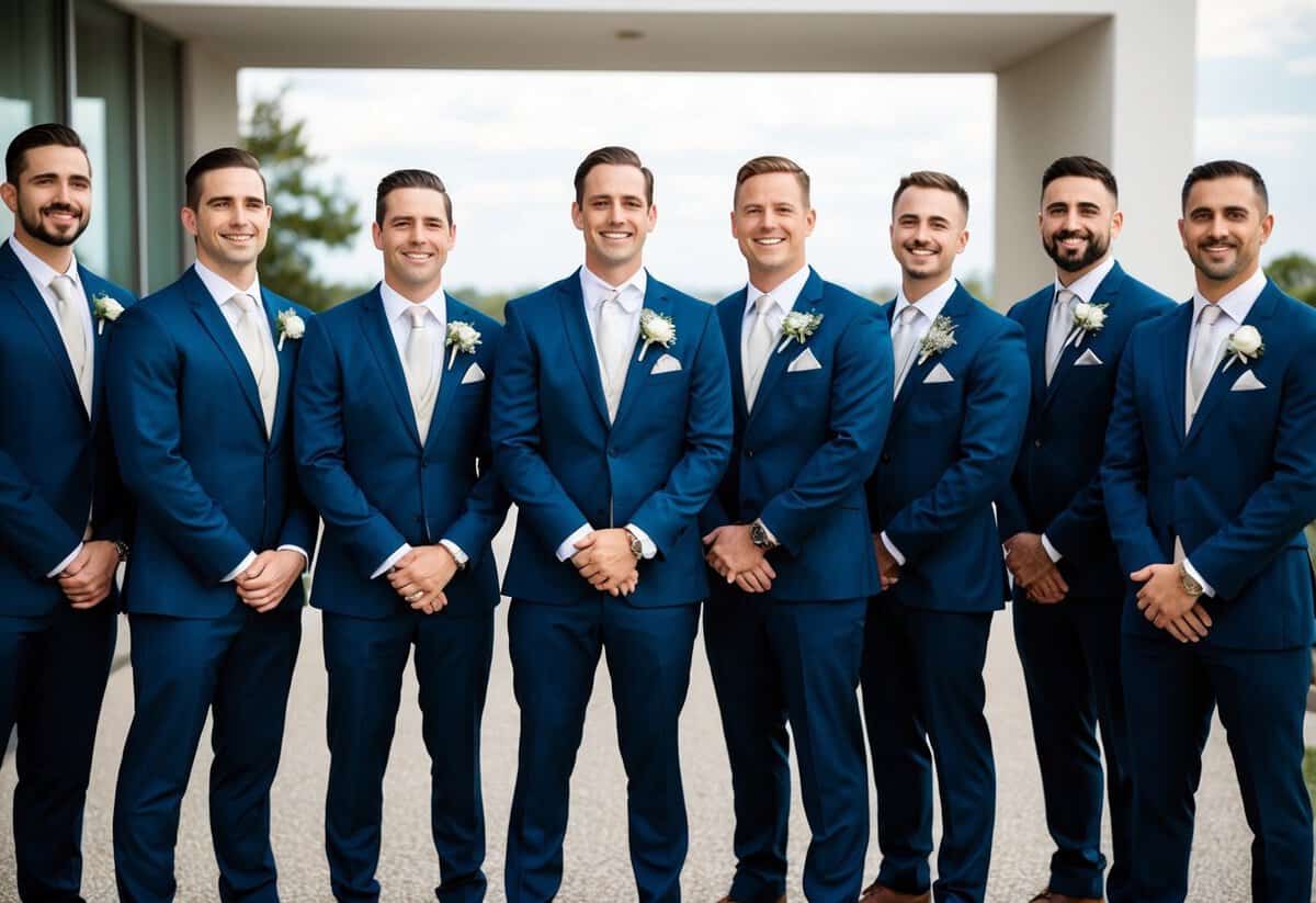 A group of best men standing together, dressed in modern wedding attire, each holding a boutonniere and smiling