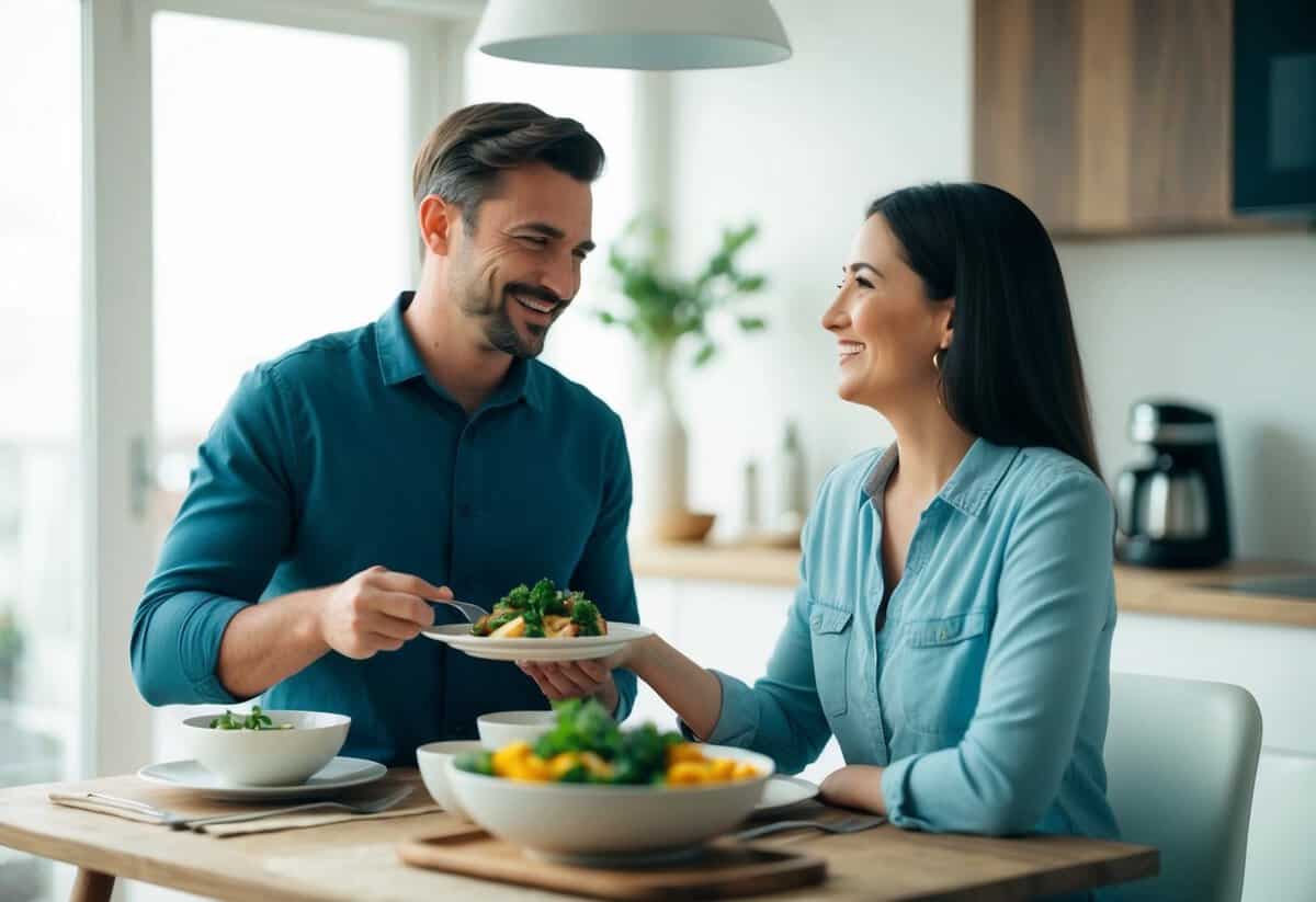 A woman sitting at a table, smiling as her husband serves her a home-cooked meal
