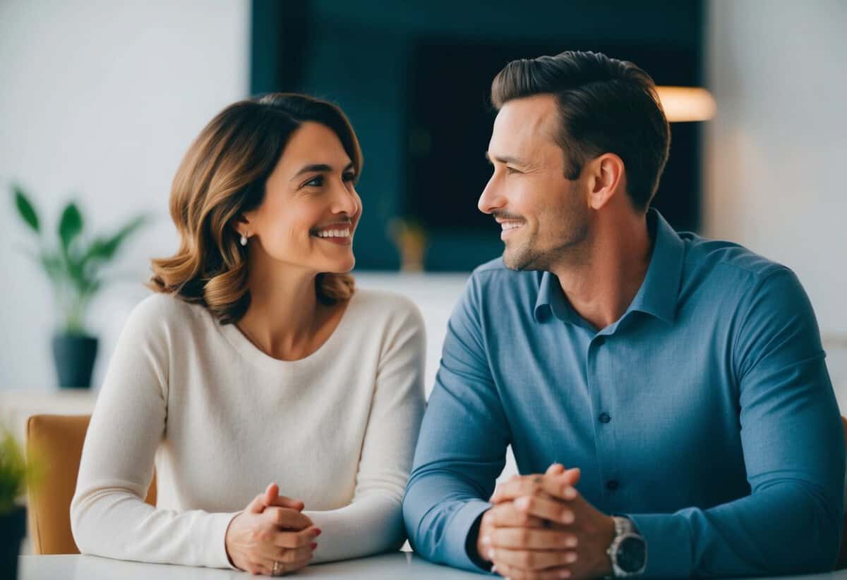 A woman sitting across from her husband, looking into his eyes with a warm smile, as he listens attentively and nods in understanding