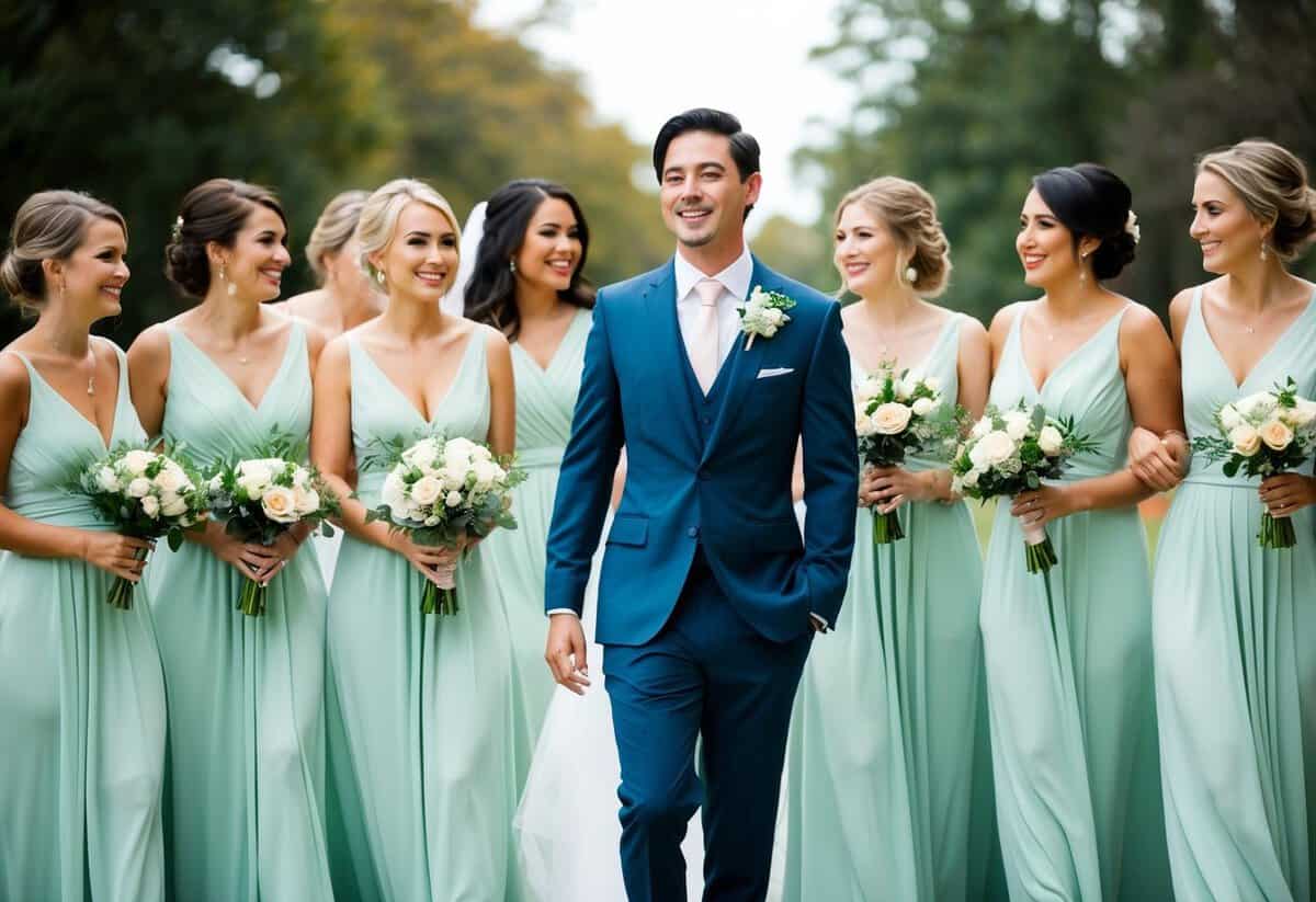 A man in a flowing bridesmaid dress stands amidst a group of women in matching attire, holding a bouquet and smiling