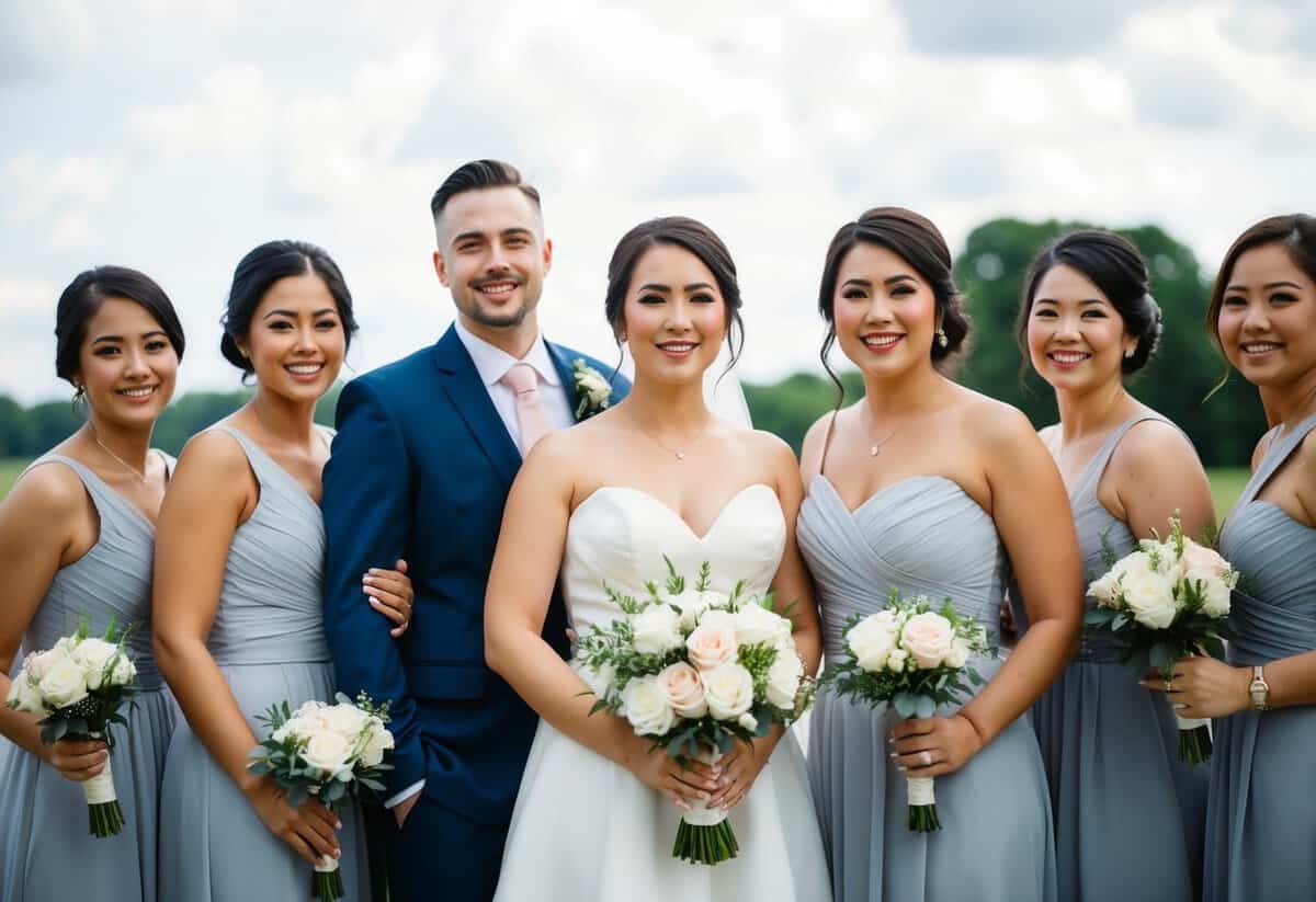 A group of wedding attendants standing together, with one person in a coordinating outfit alongside the bridesmaids