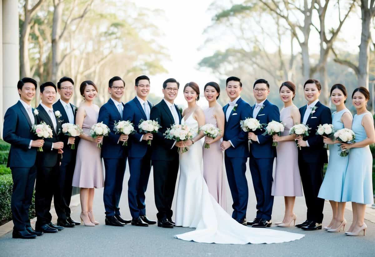 A group of elegantly dressed individuals stand in two separate groups, with men on one side and women on the other, all holding bouquets and smiling