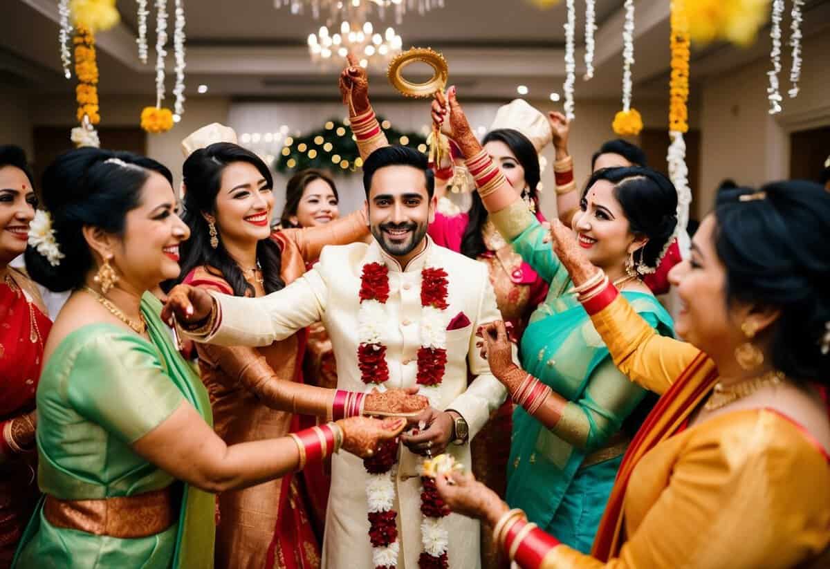 A group of people celebrating a pre-wedding event with a man participating in the role of a bridesmaid, surrounded by festive decorations and activities