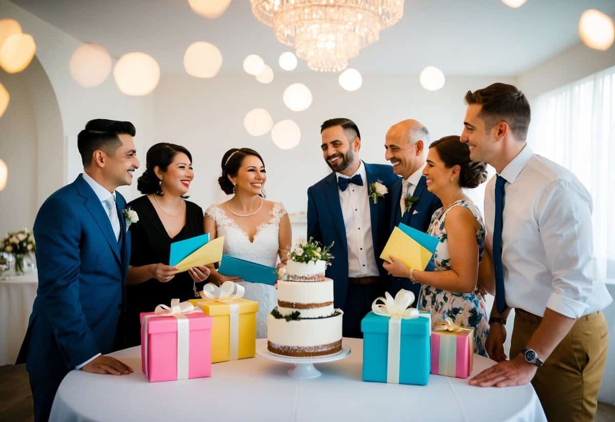A table with gifts and envelopes, a wedding cake, and a happy couple surrounded by family and friends