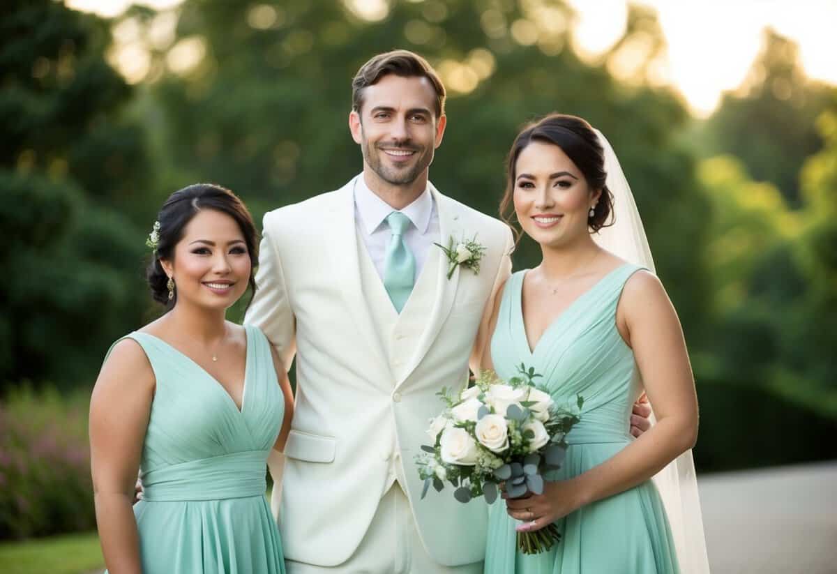 A man in a matching bridesmaid dress stands beside the bride, holding a bouquet and smiling at the camera