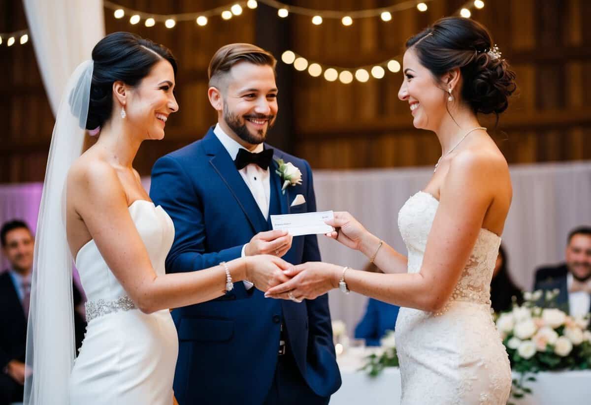 A couple handing a check to a bride and groom at a wedding reception