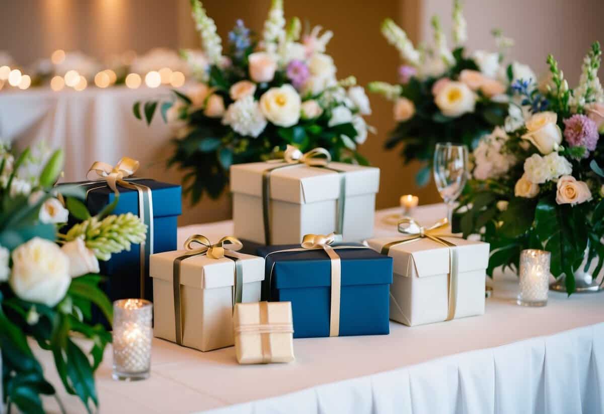 A table with elegant wrapped gifts, a mix of traditional and modern items, surrounded by flowers and wedding decor