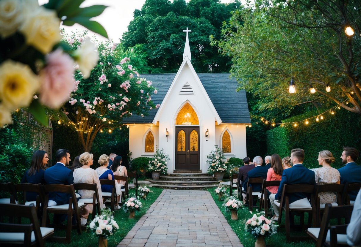 A quaint chapel nestled in a lush garden, adorned with blooming flowers and twinkling lights, awaits couples seeking an impromptu wedding ceremony