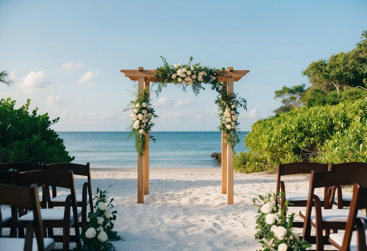 A serene beach with a simple wooden altar, surrounded by lush greenery and a clear blue sky, perfect for a spontaneous wedding ceremony