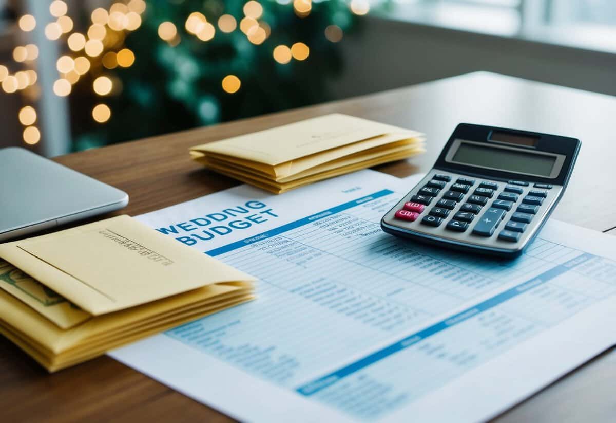 A table with a wedding budget spreadsheet, a calculator, and a stack of envelopes with cash or checks