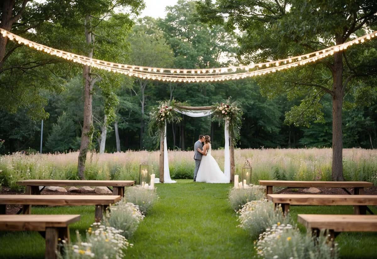 A simple outdoor ceremony under a canopy of trees with string lights, surrounded by wildflowers and rustic wooden benches