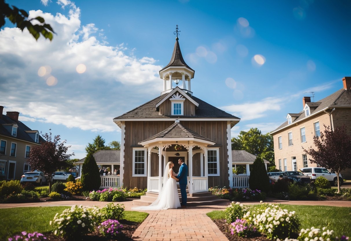 A quaint, rustic town hall with a charming gazebo and flower-filled garden, where couples exchange vows under a blue sky