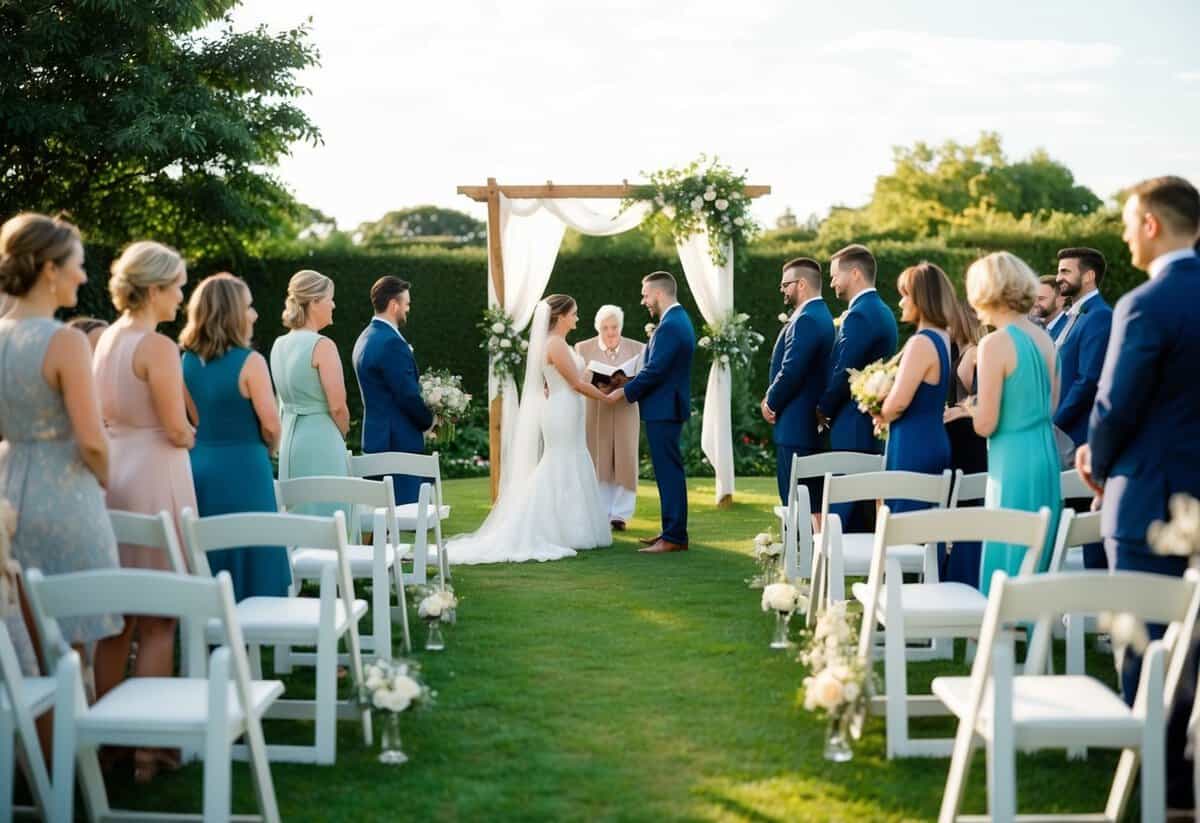 A simple outdoor wedding ceremony in a garden with minimal decorations and a small guest list