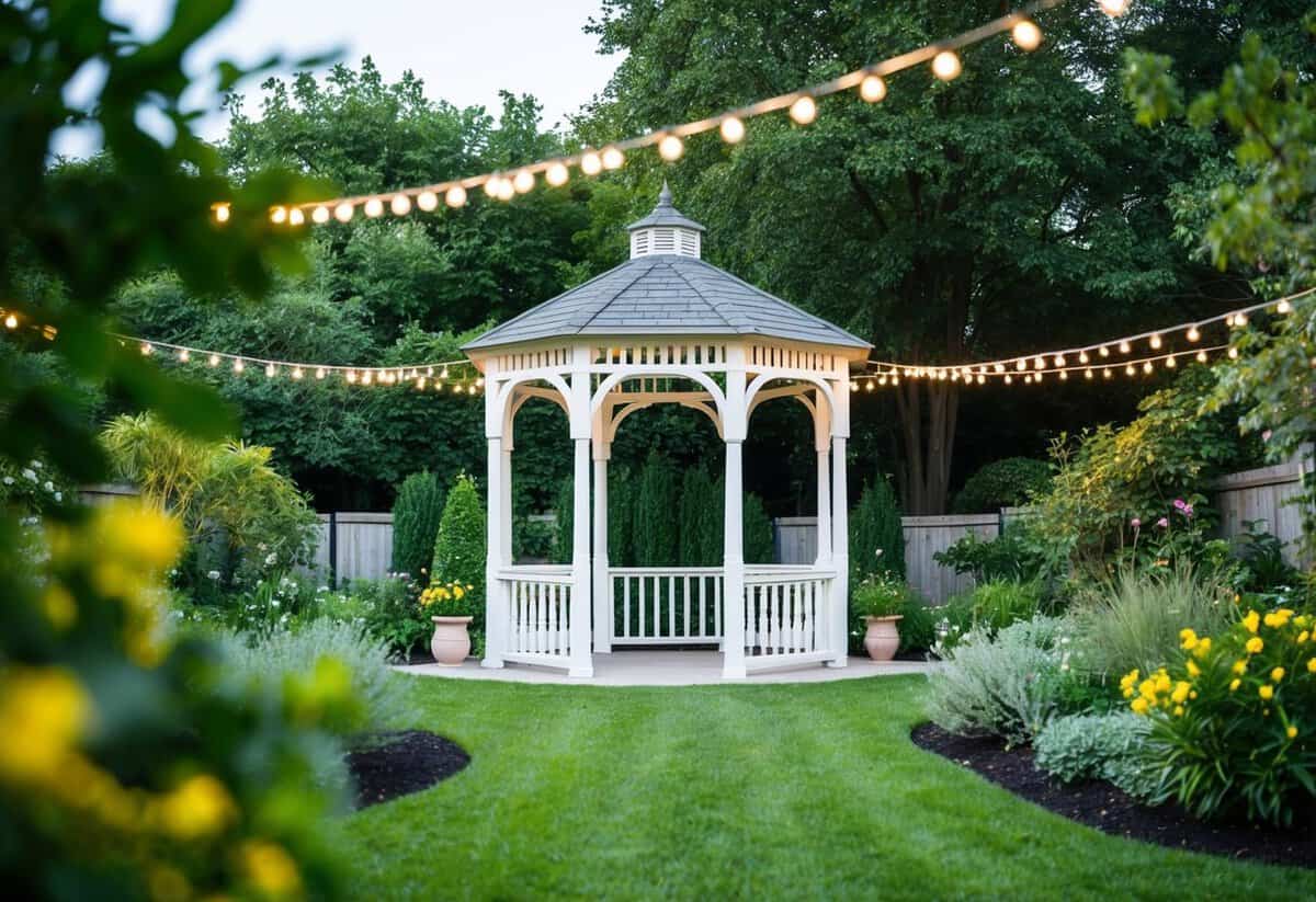 A simple outdoor garden with a gazebo and floral archway, surrounded by lush greenery and twinkling string lights