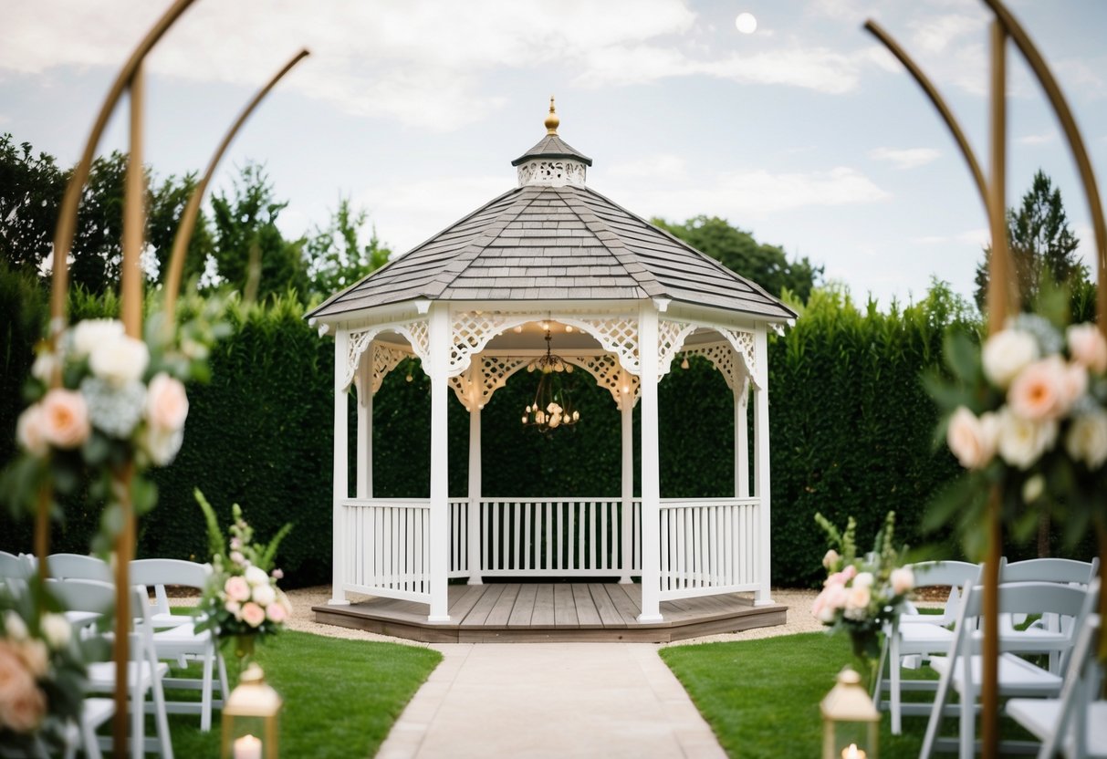 A quaint, flower-filled gazebo in a serene garden setting, with a decorative archway and soft lighting, ready for a spontaneous wedding ceremony