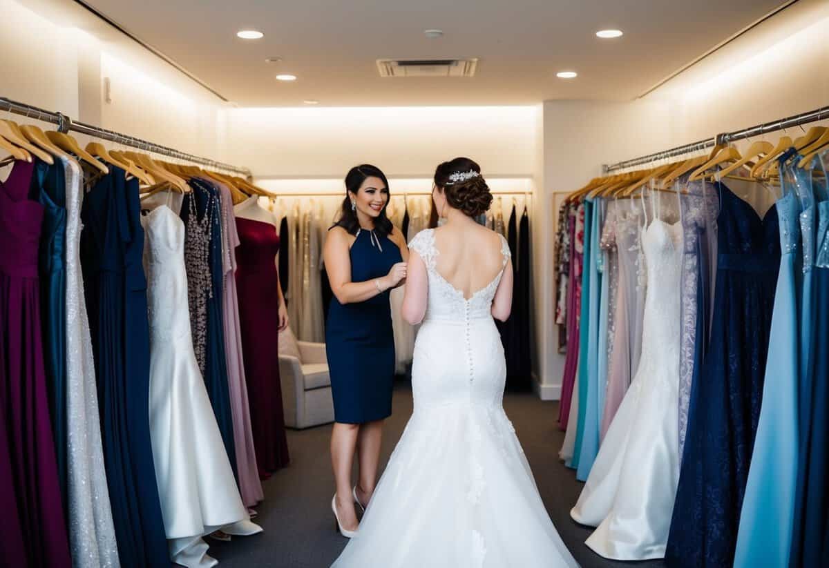A bride trying on wedding dresses in a boutique, surrounded by racks of gowns in varying styles and price ranges