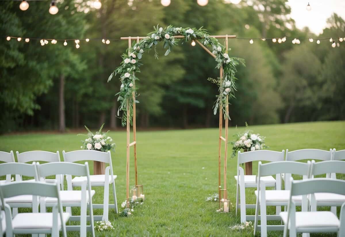 A simple outdoor wedding ceremony with a homemade arch, folding chairs, and DIY decorations