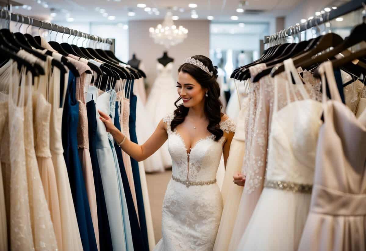 A bride browsing through racks of wedding dresses at a boutique, comparing prices and styles