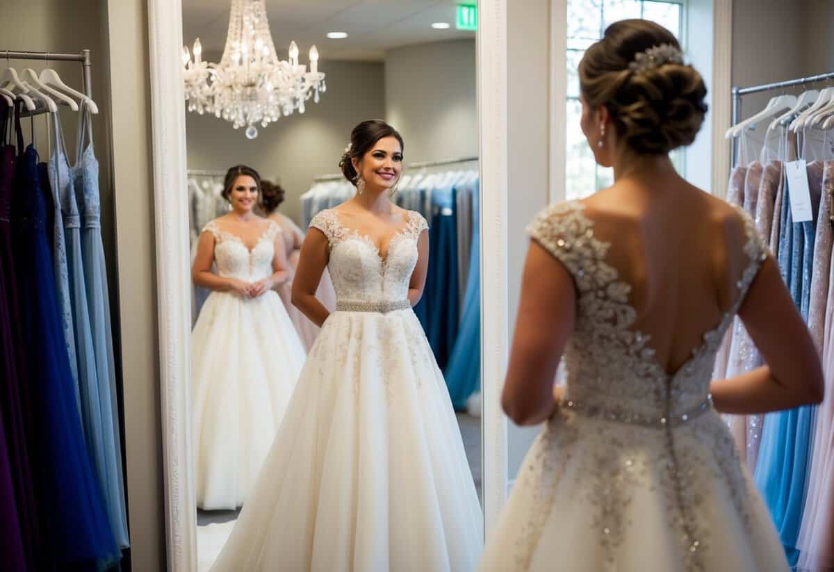 A bride admires herself in a full-length mirror, wearing a wedding dress with intricate lace and beading, surrounded by racks of gowns in a boutique