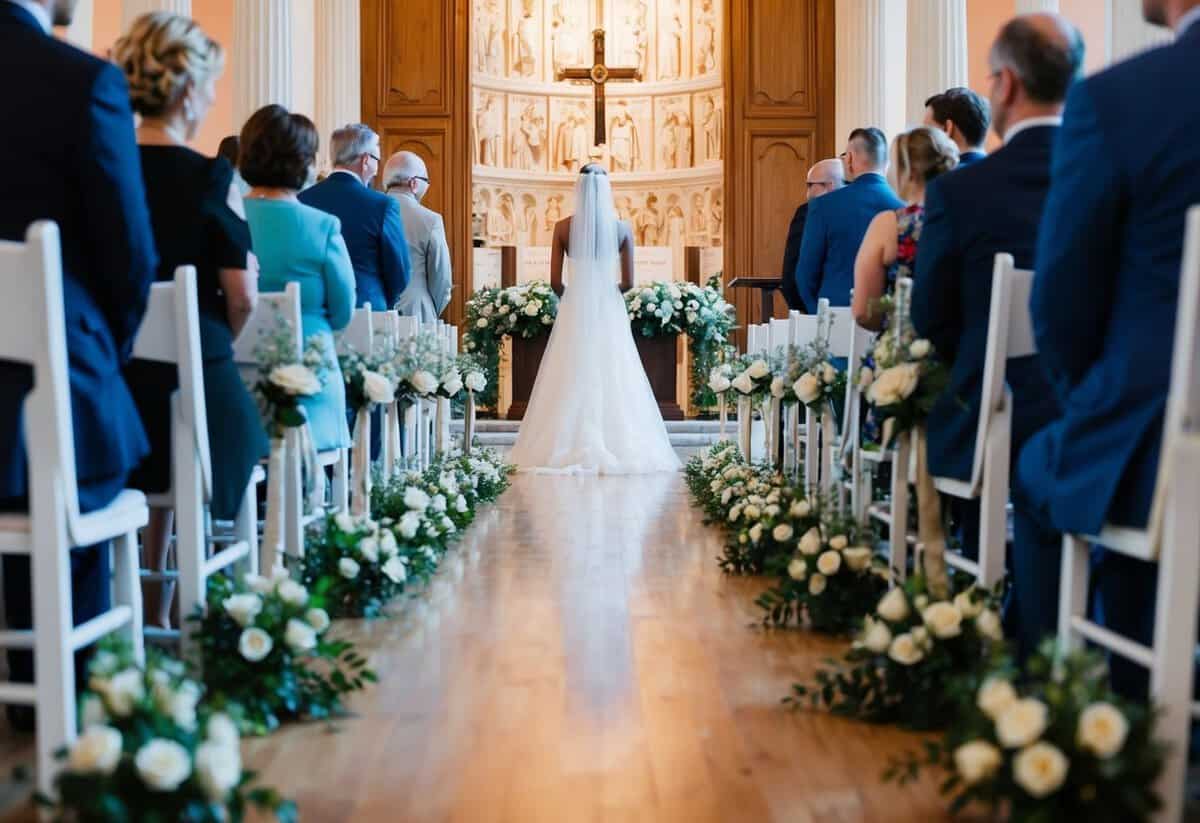 A lone figure walks down a flower-lined aisle toward the altar