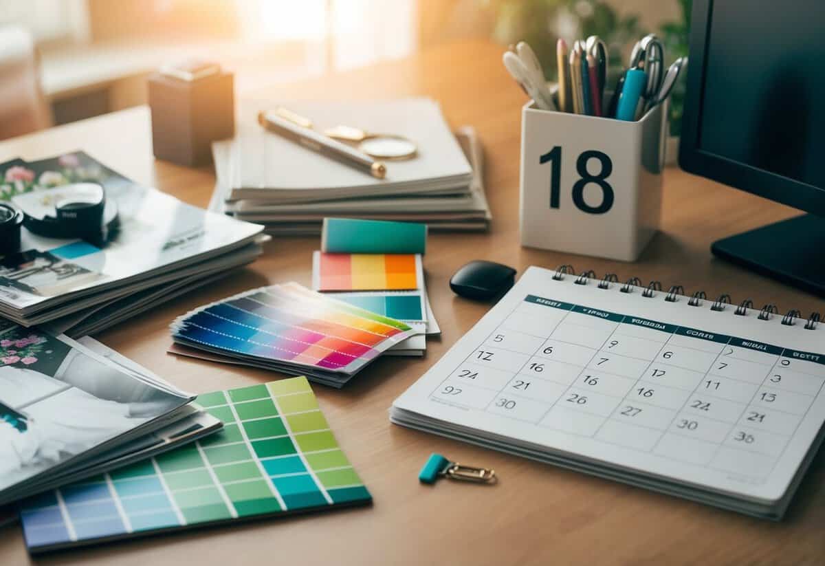 A cluttered desk with scattered wedding magazines, color swatches, and a calendar marked 18 months ahead