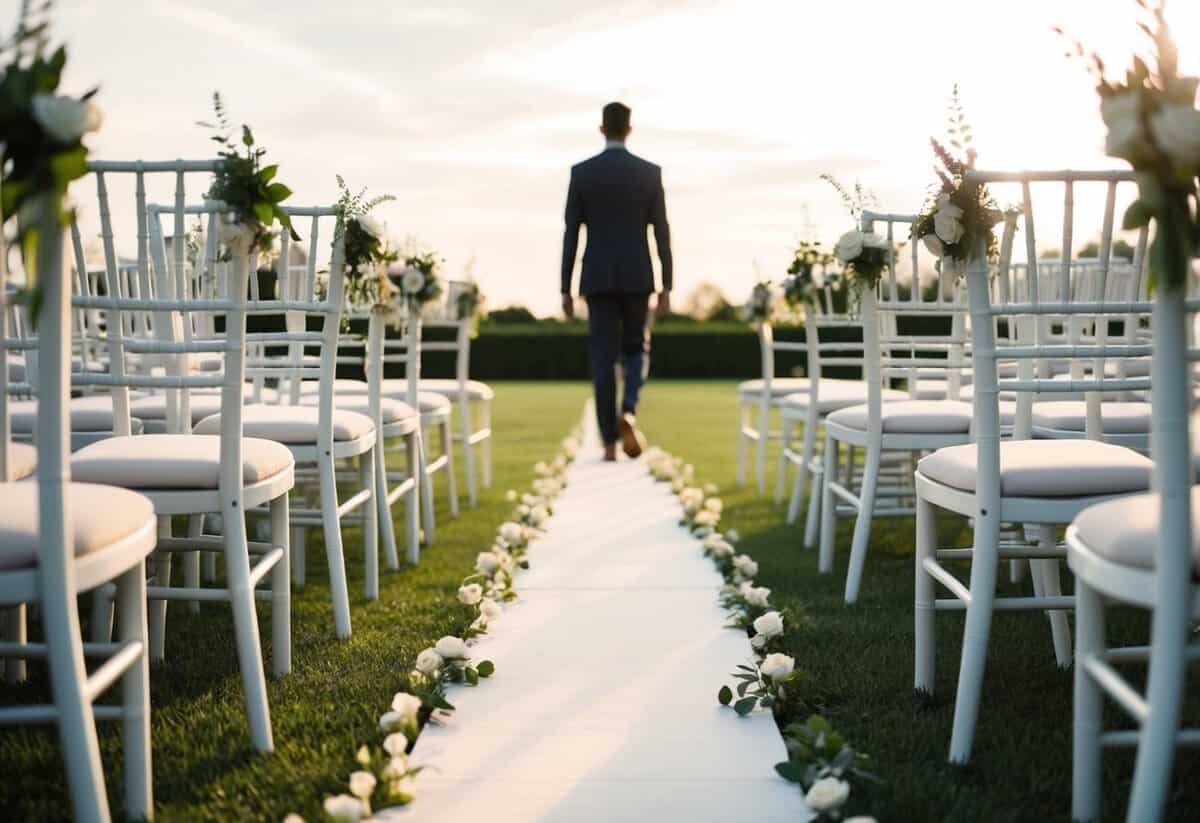 A lone figure walks down a flower-lined aisle, surrounded by empty chairs. The soft light of the setting sun illuminates the path ahead