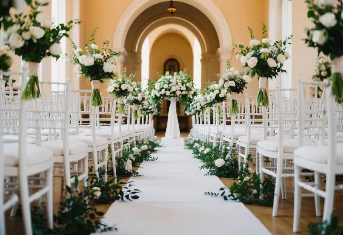 A flower-lined aisle stretches toward an ornate arch, bathed in soft light