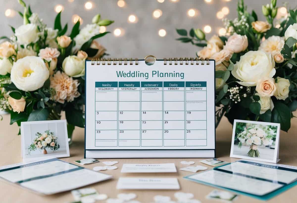A calendar with wedding planning timeline, surrounded by floral arrangements and wedding decor samples
