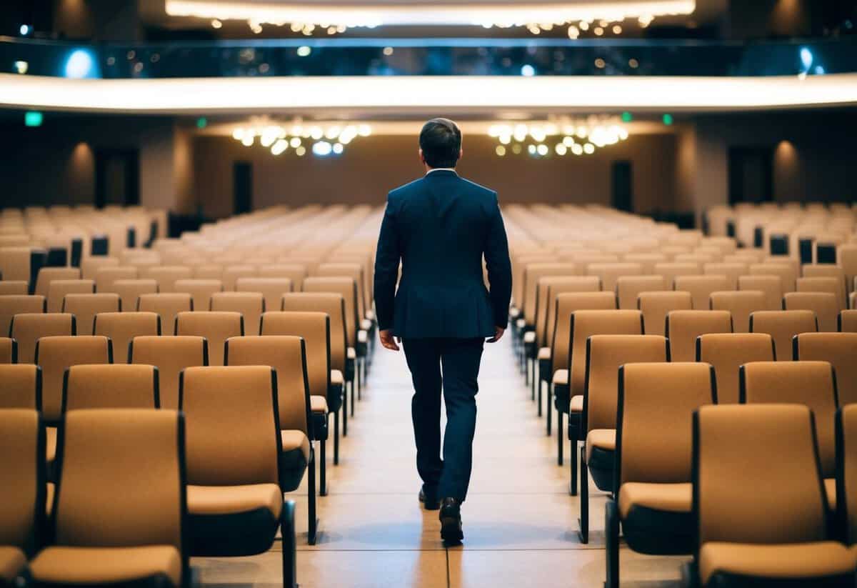 A lone figure walks down the aisle, surrounded by empty seats and soft, glowing light