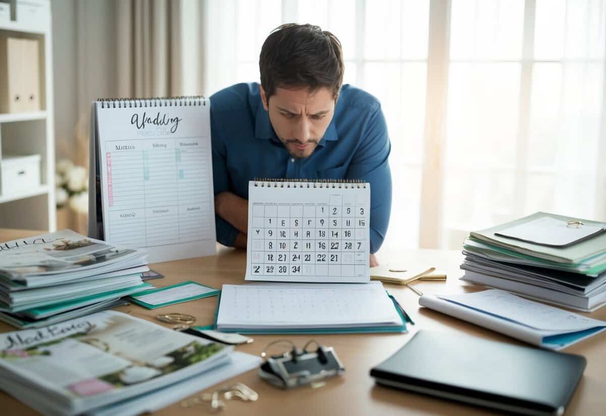 A cluttered desk with wedding magazines, calendars, and checklists scattered around. A frustrated person stares at a calendar with 18 months marked off
