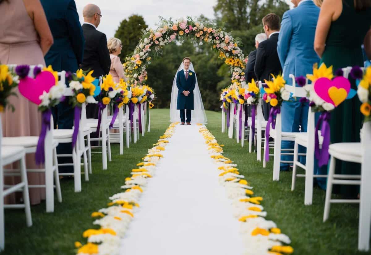 A solitary figure stands at the end of a flower-lined aisle, surrounded by colorful decorations and symbols of love