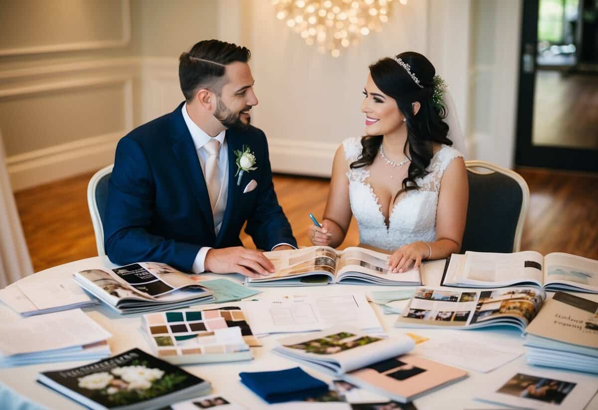 A couple sits at a table covered in wedding magazines and swatches, surrounded by sketches and notes. They discuss their vision for a personalized ceremony and reception
