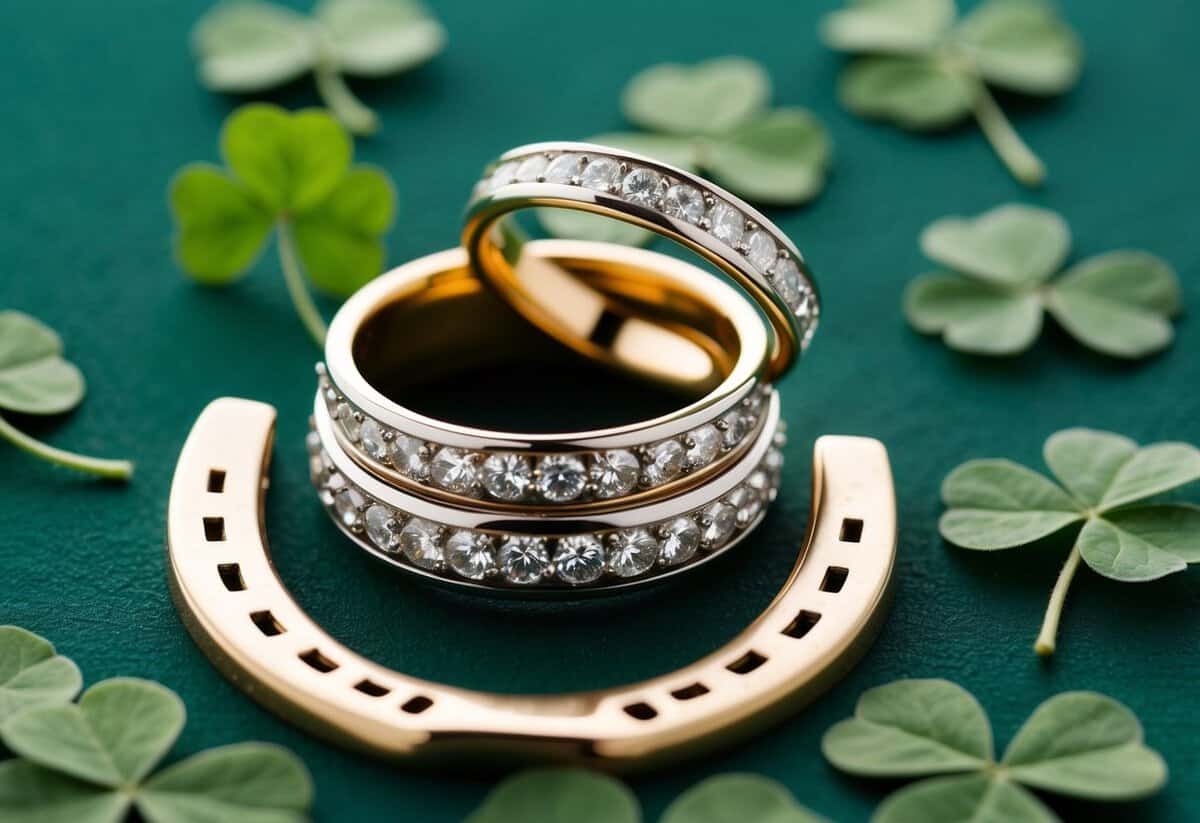 A pair of entwined wedding rings surrounded by four-leaf clovers and a horseshoe