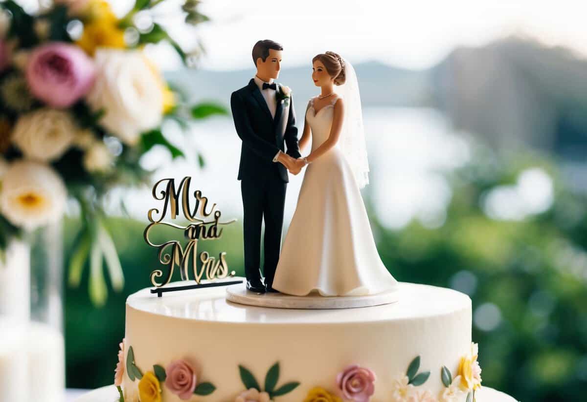 A bride and groom figurine standing on a detailed wedding cake with floral decorations and a "Mr. and Mrs." cake topper