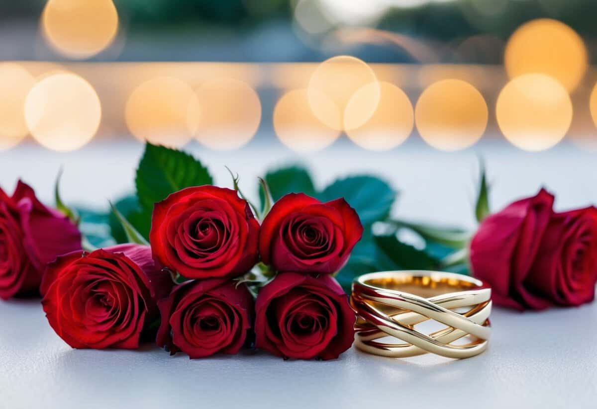 A wedding ring surrounded by seven red roses and a pair of intertwined gold wedding bands