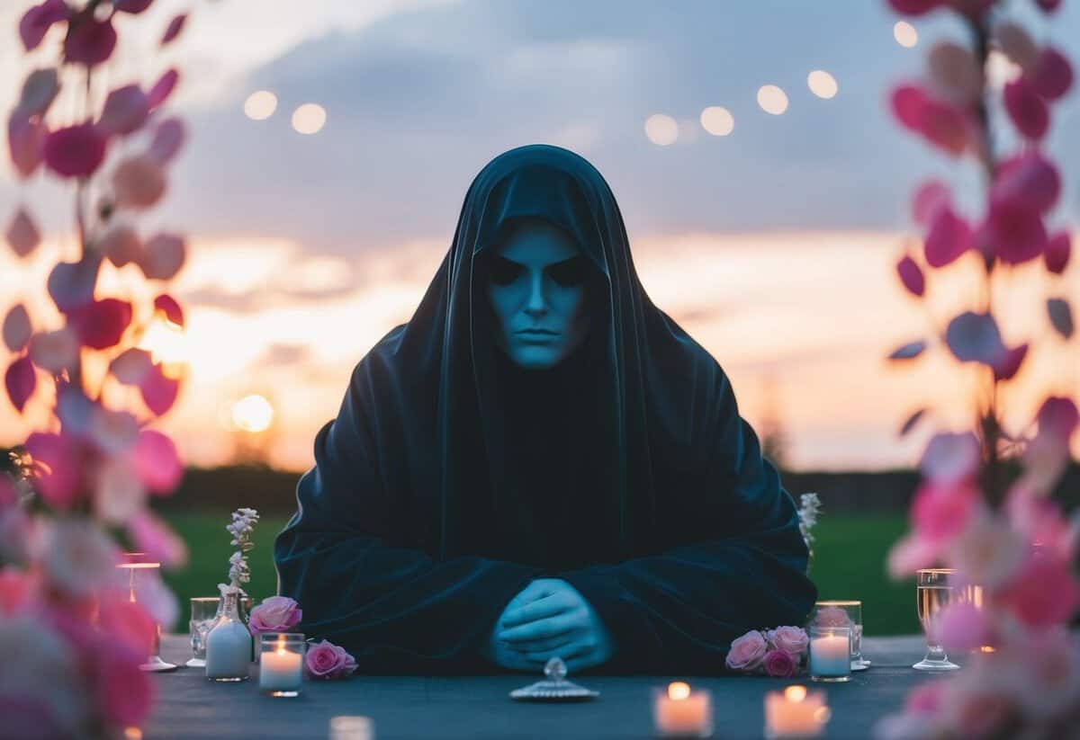 A gloomy figure sits alone, surrounded by wedding decorations
