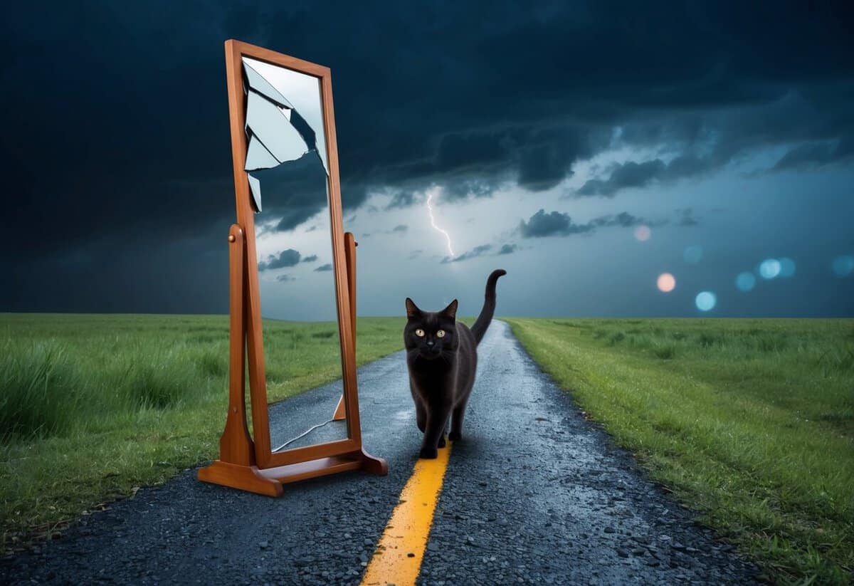 A broken mirror and a black cat crossing a path on a stormy night