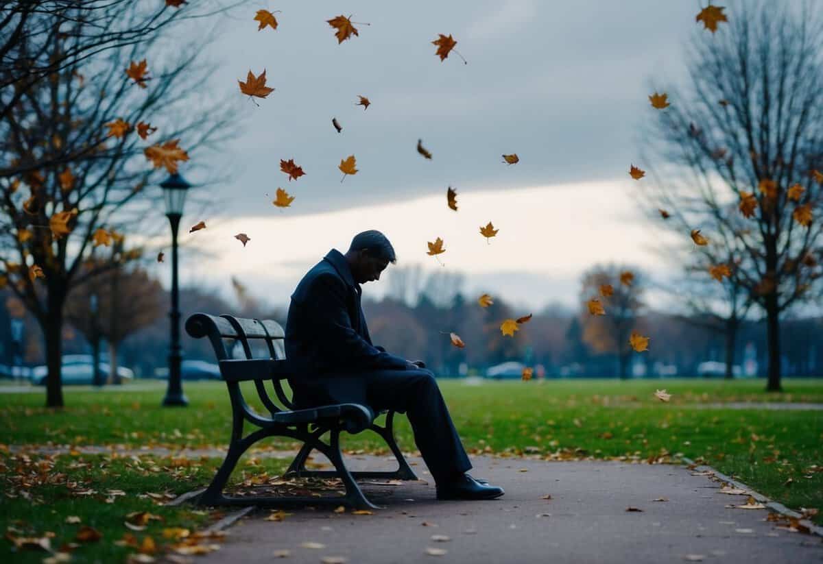 A figure sitting alone on a park bench, surrounded by falling leaves and a gray sky, looking contemplative and pensive