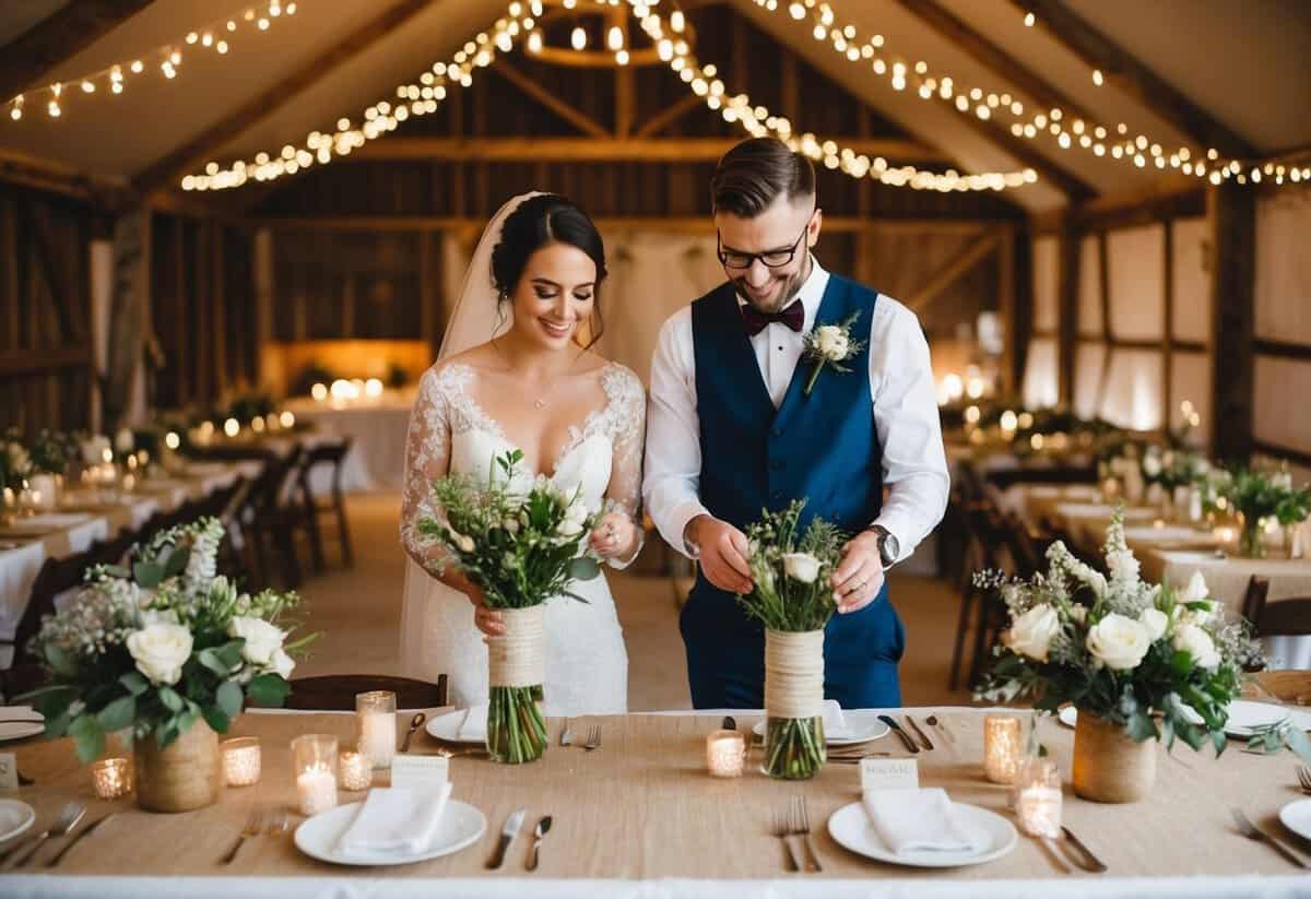 A bride and groom crafting wedding decorations and centerpieces at a cozy, rustic DIY wedding venue