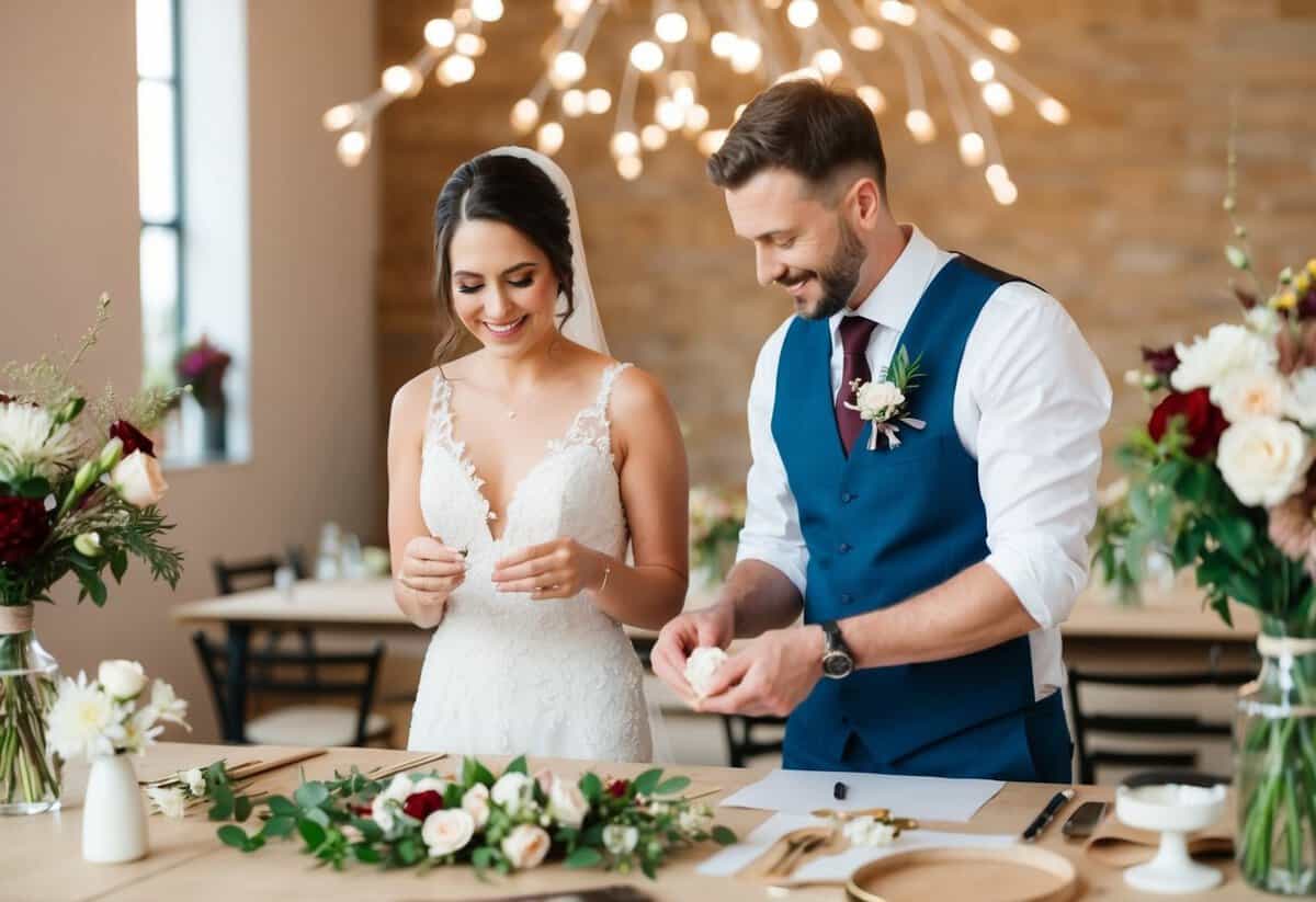 A bride and groom crafting handmade decorations and floral arrangements for their DIY wedding