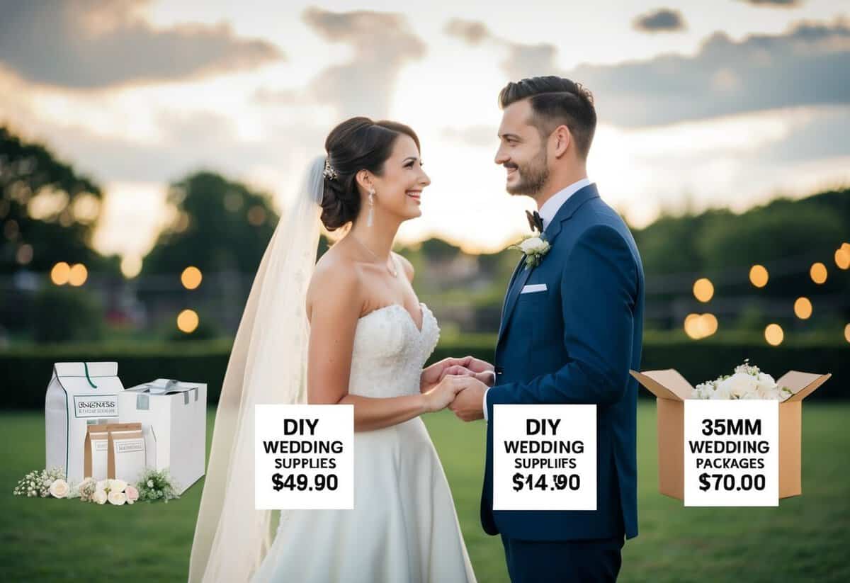 A bride and groom comparing prices of DIY wedding supplies and traditional wedding packages