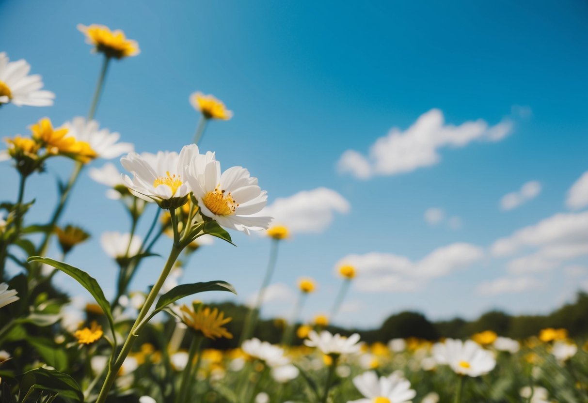 A sunny outdoor wedding in June, with blooming flowers and a clear blue sky