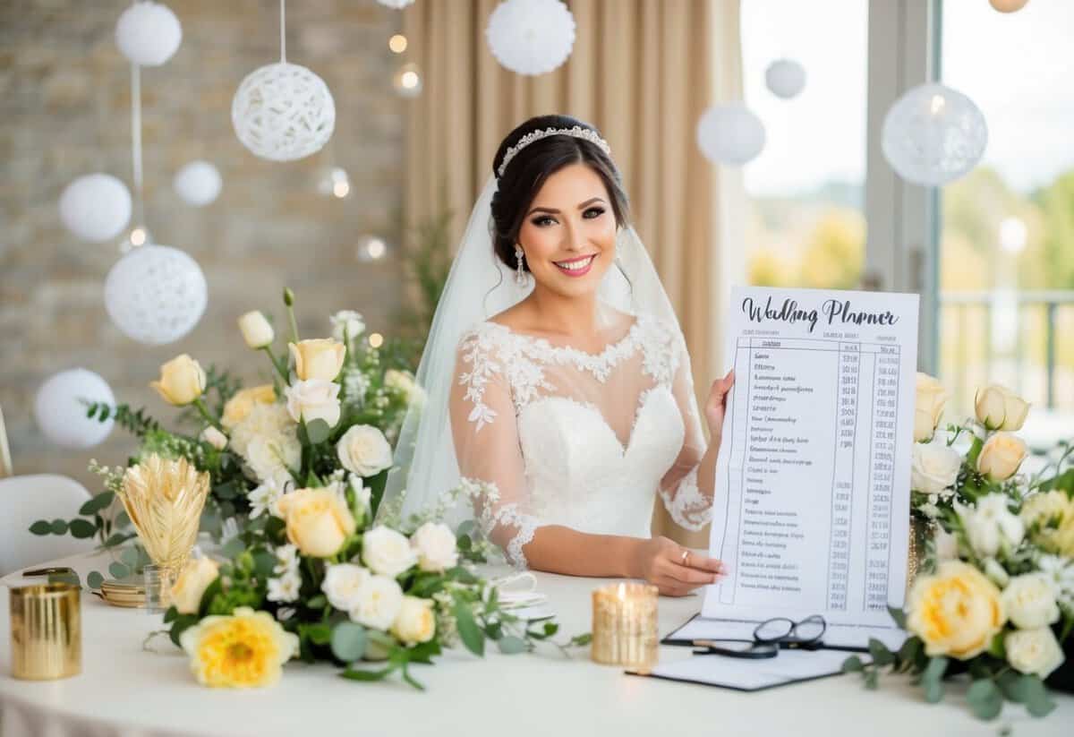 A bride surrounded by DIY wedding decorations and a professional wedding planner with a price list