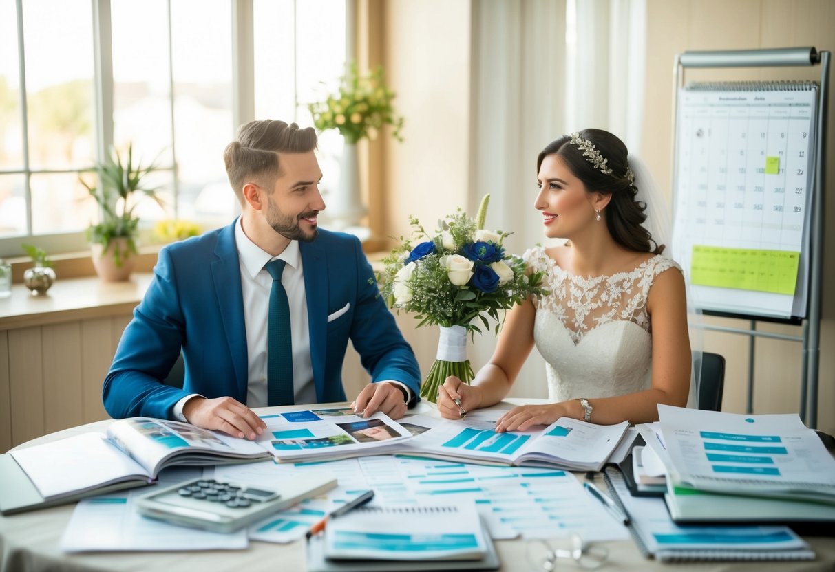 A couple sits at a table covered in wedding magazines and spreadsheets, surrounded by a calendar and budgeting notes. They discuss and plan their ideal wedding month