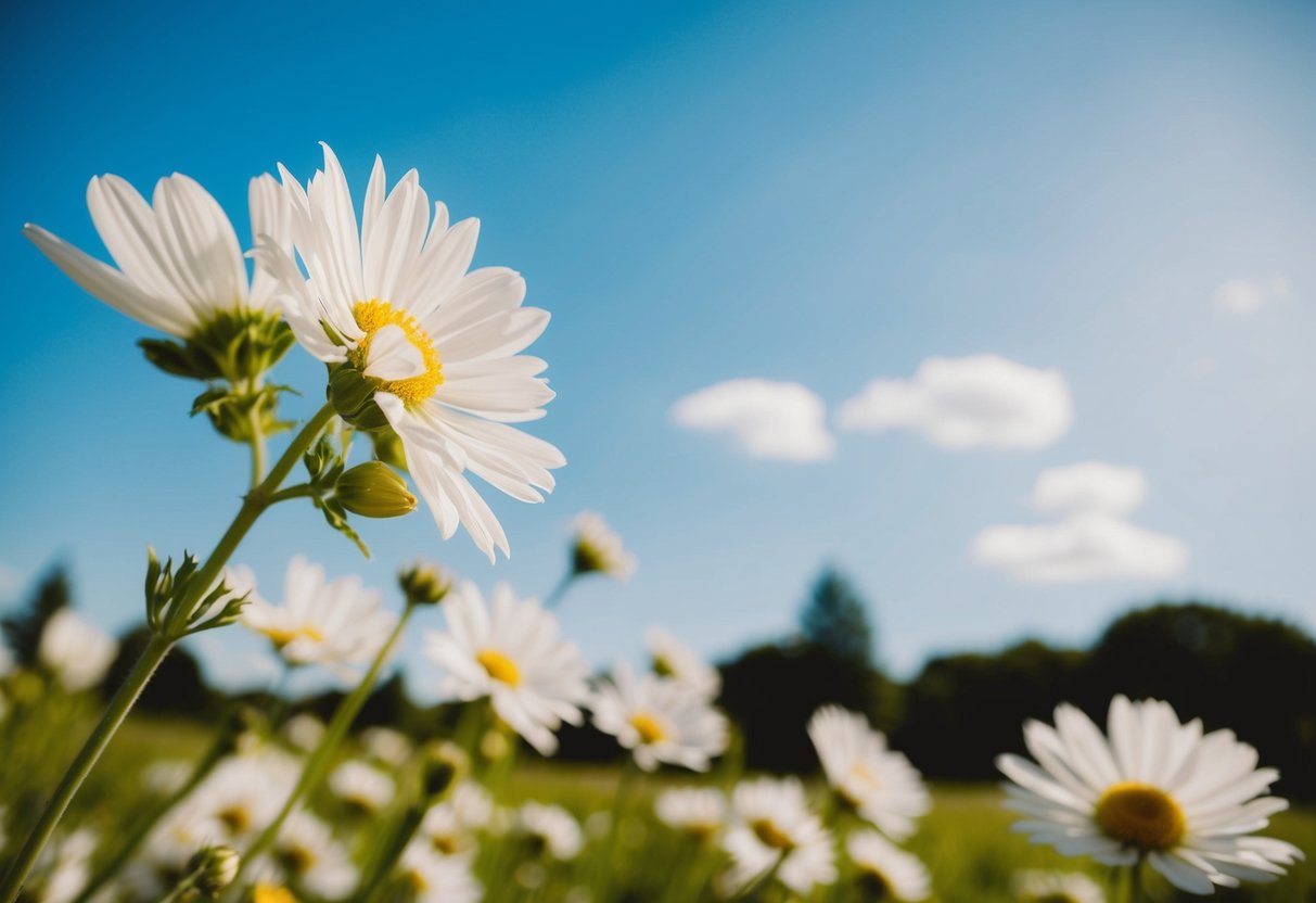 A sunny outdoor wedding in June with blooming flowers and a clear blue sky