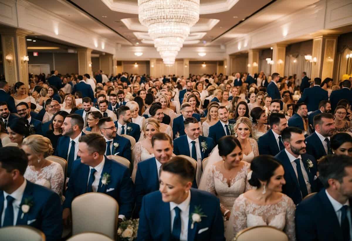A crowded wedding venue with filled seats and bustling activity
