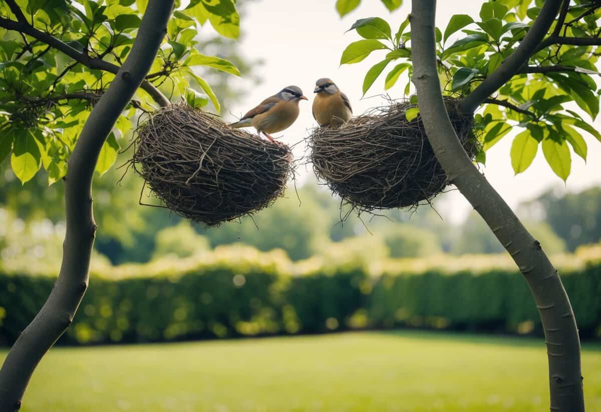 A serene garden with two intertwining trees and a pair of birds building a nest together