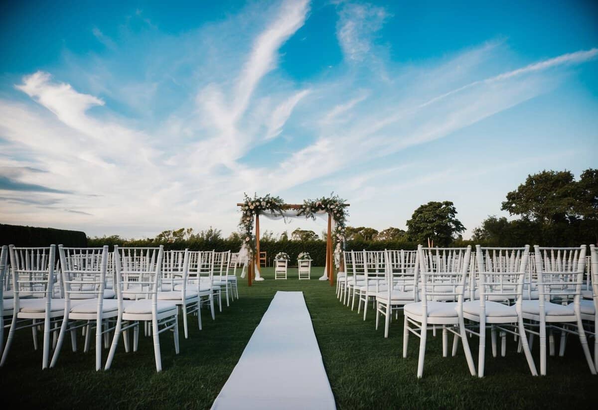 A beautiful outdoor wedding venue with rows of empty chairs under a blue sky