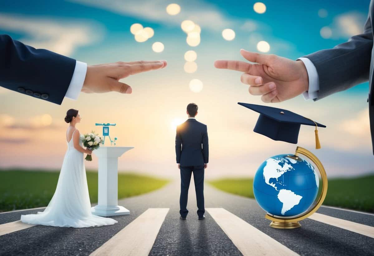 A person standing at a crossroads, with one path leading to a wedding altar and the other leading to personal growth symbols like a diploma or a globe