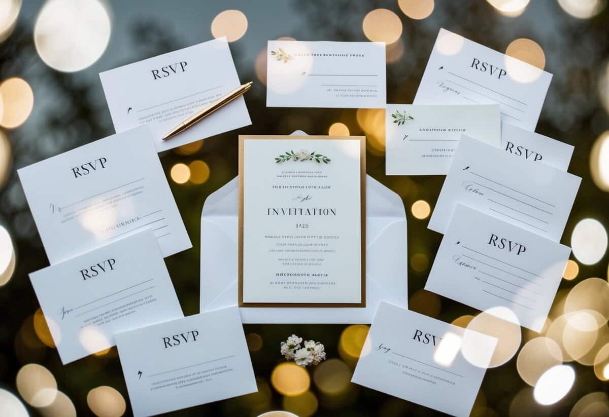 A wedding invitation surrounded by a mix of RSVP cards, some filled out and returned, others still blank and waiting to be sent